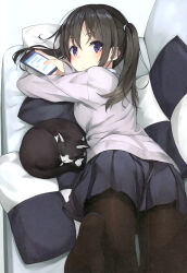 Rule 34 | 1girl, :&lt;, absurdres, amagai tarou, animal, ass, black hair, black headwear, black pantyhose, blue eyes, blush, brown hair, cardigan, cat, cellphone, closed mouth, couch, cushion, feet, from above, from behind, hair between eyes, hair tie, hairband, hat, highres, holding, holding phone, knees together feet apart, legs folded, legs up, long hair, long sleeves, looking at viewer, looking back, looking up, lying, no shoes, non-web source, on couch, on stomach, original, pantyhose, phone, pillow, pleated skirt, purple eyes, school uniform, skirt, smartphone, soles, solo, sweat, sweatdrop, thighband pantyhose, twintails, twitter username, whiskers