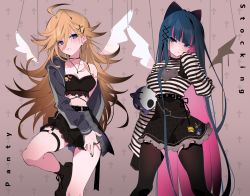 Rule 34 | 2girls, absurdres, ahoge, arutera, banned artist, black bow, black nails, black panties, black skirt, black thighhighs, blonde hair, blue hair, blush, bow, breasts, cleavage, closed mouth, collarbone, colored inner hair, crop top, frilled skirt, frills, frown, grey eyes, hair between eyes, hair bow, hair ornament, head tilt, high-waist skirt, highres, jewelry, long hair, long sleeves, looking at viewer, medium breasts, midriff, miniskirt, multicolored hair, multiple girls, nail polish, panties, panty &amp; stocking with garterbelt, panty (psg), panty pull, pendant, pink hair, pleated skirt, shirt, skirt, sleeves past fingers, sleeves past wrists, standing, stocking (psg), stomach, striped clothes, striped shirt, thigh strap, thighhighs, two-tone hair, underwear, very long hair, x hair ornament, zettai ryouiki