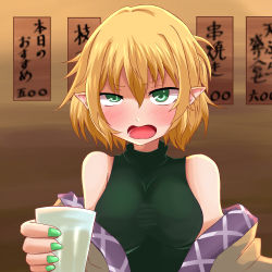 Rule 34 | 1girl, blonde hair, blush, brown jacket, clip studio paint (medium), commentary request, cup, green eyes, green nails, hair between eyes, highres, holding, holding cup, jacket, looking at viewer, medium hair, menu, mizuhashi parsee, multicolored clothes, multicolored jacket, nail polish, off shoulder, open mouth, pointy ears, short hair, solo, sports bra, touhou, translation request, upper body, yasui nori