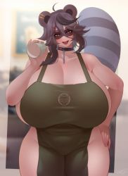 Rule 34 | 1girl, absurdres, ahoge, animal ears, apron, blush, breasts, cleavage, cup, facial mark, gigantic breasts, grey hair, highres, holding, holding cup, huge breasts, iced latte with breast milk (meme), indie virtual youtuber, looking at viewer, meme, nachocobana, naked apron, open mouth, orange eyes, plump, raccoon ears, raccoon girl, raccoon tail, smile, snuffy (vtuber), solo, starbucks, tail, thick thighs, thighs, virtual youtuber, wide hips