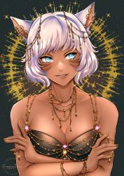 Rule 34 | 1girl, absurdres, animal ears, breasts, cat ears, collarbone, crossed arms, dress, earrings, facial mark, final fantasy, final fantasy xiv, gold earrings, gold nails, gold necklace, grey eyes, highres, jewelry, looking to the side, medium breasts, miqo&#039;te, necklace, pixie (pixieinktvis), short hair, solo, strapless, strapless dress, upper body, whisker markings, white hair, y&#039;shtola rhul