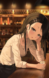 Rule 34 | 1girl, aged up, arm support, bad id, bad twitter id, bar (place), belt, black hair, black pants, blurry, blurry background, blush, bottle, breasts, brown eyes, collarbone, commentary request, cup, earrings, hair ornament, hairclip, highres, holding, holding cup, ijiranaide nagatoro-san, jewelry, light smile, long hair, looking at viewer, medium breasts, michelan, nagatoro hayase, open mouth, pants, shirt, solo, white shirt