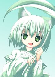 Rule 34 | 1girl, animal ears, cat ears, green eyes, green hair, looking at viewer, matching hair/eyes, open mouth, original, short hair, smile, solo, sumikaze