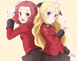 Rule 34 | 10s, 2girls, assam (girls und panzer), back-to-back, bad id, bad pixiv id, blonde hair, blue eyes, blush, brown eyes, character name, eyebrows, girls und panzer, hair ribbon, highres, jacket, kapatarou, long hair, looking back, multiple girls, open mouth, pleated skirt, ponytail, red hair, red jacket, ribbon, rosehip (girls und panzer), skirt, smile, string, string of fate, uniform