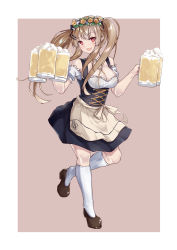 Rule 34 | 1girl, 404 logo (girls&#039; frontline), absurdres, alcohol, bare shoulders, barmaid, beer, beer mug, breasts, brown hair, cleavage, commentary request, corset, cup, fang, flower, full body, fuyukin chiba, german clothes, girls&#039; frontline, hair flower, hair ornament, highres, large breasts, long hair, looking at viewer, mug, open mouth, red eyes, scar, scar across eye, scar on face, shoes, smile, socks, solo, standing, twintails, ump9 (girls&#039; frontline)