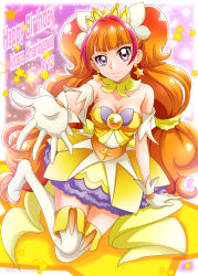 Rule 34 | 1girl, blunt bangs, boots, breasts, brown hair, character name, choker, cleavage, closed mouth, collarbone, cure twinkle, dress, earrings, gloves, go! princess precure, hanzou, happy birthday, high heel boots, high heels, highres, jewelry, layered dress, long hair, looking at viewer, medium breasts, multicolored hair, precure, purple eyes, reaching, reaching towards viewer, red hair, short dress, sitting, sleeveless, sleeveless dress, smile, solo, star (symbol), star earrings, strapless, strapless dress, streaked hair, thigh boots, thighhighs, very long hair, white footwear, white gloves, yellow choker, yellow dress
