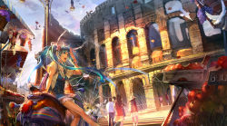 Rule 34 | 1girl, apple, aqua eyes, aqua hair, arm support, bird, bracelet, building, colosseum, flower, food, fruit, hair flower, hair ornament, hatsune miku, highres, italy, jewelry, liduke, long hair, motor vehicle, motorcycle, necklace, open mouth, petals, real world location, rome (city), scooter, sitting, sky, smile, solo focus, twintails, vehicle, very long hair, vespa, vocaloid