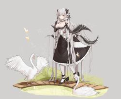 Rule 34 | 1girl, absurdly long hair, absurdres, arescr, artist name, azur lane, bare shoulders, bird, breasts, bug, butterfly, cleavage, dress, formidable (azur lane), frilled dress, frilled ribbon, frills, full body, goose, grey background, grey hair, hair between eyes, hair ribbon, hand to own mouth, highres, insect, large breasts, long hair, long skirt, looking down, red eyes, ribbon, skirt, two-tone dress, two-tone ribbon, very long hair