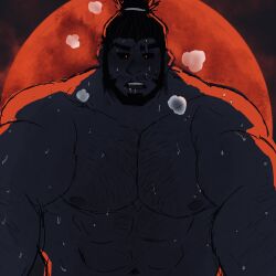 Rule 34 | 1boy, arm hair, backlighting, bara, beard, chest hair, facial hair, flower-shaped pupils, full beard, full moon, hair knot, hairy, highres, kabedon on viewer, large pectorals, looking at viewer, male focus, mature male, moon, muscular, muscular male, mustache stubble, nipples, nude, original, outstretched arms, pectoral squeeze, pectorals, red moon, short hair, solo, stubble, sweat, symbol-shaped pupils, thick beard, thick eyebrows, upper body, very sweaty, vincet (lostguyran0)