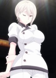 Rule 34 | 10s, 1girl, absurdres, breasts, buttons, female focus, gradient background, highres, holding own arm, nakiri alice, one eye closed, red eyes, screencap, shokugeki no souma, short hair, silver hair, solo, standing, stitched, third-party edit