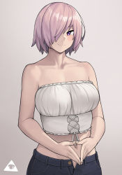 Rule 34 | 1girl, alternate costume, bare arms, bare shoulders, black pants, blush, breasts, closed mouth, collarbone, donburi (donburikazoku), fate/grand order, fate (series), hair over one eye, highres, large breasts, looking at viewer, mash kyrielight, navel, one eye covered, open fly, own hands together, pants, purple background, purple eyes, purple hair, short hair, simple background, smile, solo, strapless, tube top