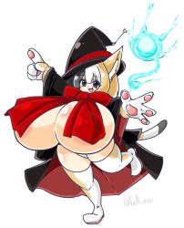 Rule 34 | 1girl, animal ears, areola slip, ayazumi flutter, black cape, black eyes, black hair, breasts, brown hair, calico, cape, cat ears, cat girl, cat paws, cat tail, eyelashes, female focus, full body, gigantic breasts, hat, looking at viewer, magic, open mouth, oppai loli, original, shiny skin, smile, solo, tail, thick thighs, thighhighs, thighs, white background, white hair, witch hat