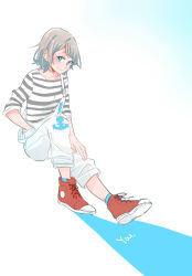 Rule 34 | 1girl, blue eyes, blue socks, character name, collarbone, colored shadow, commentary request, full body, grey hair, grin, hand in pocket, highres, invisible chair, kashikaze, looking at viewer, love live!, love live! sunshine!!, overalls, red footwear, shadow, shirt, shoes, sitting, smile, sneakers, socks, solo, striped clothes, striped shirt, watanabe you, white background, white overalls, white shirt