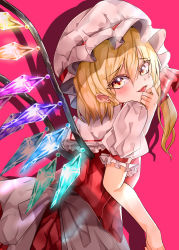 Rule 34 | 1girl, absurdres, back bow, blonde hair, bow, breasts, crystal, flandre scarlet, frilled shirt collar, frilled sleeves, frills, from side, glowing, glowing wings, hair between eyes, hat, hat ribbon, highres, looking at viewer, looking to the side, mahoro (minase mahoro), medium hair, mob cap, pink background, puffy short sleeves, puffy sleeves, red ribbon, red vest, ribbon, shirt, short sleeves, side ponytail, simple background, small breasts, solo, tongue, tongue out, touhou, vest, white bow, white hat, white shirt, wings