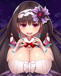 Rule 34 | 1girl, asamura hiori, bad anatomy, bad proportions, blush, breasts, brown hair, cleavage, fate/grand order, fate (series), fingerless gloves, gloves, hair ornament, hands up, highres, huge breasts, long hair, looking at viewer, nervous smile, open mouth, osakabehime (fate), purple eyes, sidelocks, smile, solo, tears, upper body, very long hair, white gloves