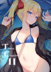 Rule 34 | 1girl, alexmaster, armpits, arms up, bare shoulders, bikini, bikini top only, black jacket, blonde hair, blue bikini, blue eyes, bottomless, bow, breasts, cover, cover page, duplicate, groin, hair bow, halterneck, jacket, long hair, long sleeves, looking at viewer, lying, navel, off shoulder, on back, open clothes, open jacket, original, small breasts, solo, stomach, string bikini, swimsuit, swimsuit cover-up, twintails, water, wet
