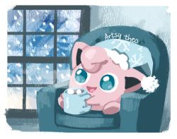 Rule 34 | :d, armchair, artsy-theo, chair, clothed pokemon, creature, creatures (company), cup, full body, game freak, gen 1 pokemon, happy, hat, holding, holding cup, indoors, jigglypuff, mug, nightcap, nintendo, no humans, open mouth, pokemon, pokemon (creature), sitting, smile, snowing, solo, steam, window