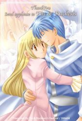 Rule 34 | 1boy, 1girl, blonde hair, blue coat, blue hair, brown eyes, coat, dress, closed eyes, finn (fire emblem), fire emblem, fire emblem: genealogy of the holy war, floral background, frilled sleeves, frills, hug, lachesis (fire emblem), looking at another, lowres, nintendo, okumi, pink dress, smile