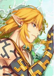 Rule 34 | 1boy, archaic set (zelda), arm tattoo, blonde hair, blue eyes, body markings, closed mouth, earrings, eorinamo, green tunic, hair between eyes, jewelry, link, looking to the side, male focus, medium hair, nintendo, partially submerged, pointy ears, sidelocks, single bare shoulder, solo, tattoo, the legend of zelda, the legend of zelda: tears of the kingdom, toned, toned male, upper body