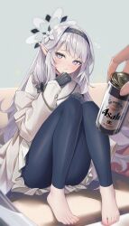 Rule 34 | 1girl, absurdres, alcohol, barefoot, beer, blue archive, blush, feet, flower, gloves, hair flower, hair ornament, hairband, halo, highres, himari (blue archive), knees together feet apart, knees up, legs, long hair, looking at viewer, mole, mole under eye, muo (muojjang 0929), pointy ears, purple eyes, sitting, toes, white hair