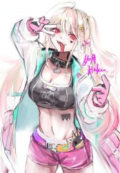 Rule 34 | 1girl, ahoge, artist name, black collar, black sports bra, blonde hair, breasts, cleavage, collar, facial tattoo, gloves, goddess of victory: nikke, gradient hair, haakun, hair ornament, hair ribbon, hairclip, heart, heart tattoo, highres, jackal (nikke), jacket, large breasts, long hair, long tongue, low twintails, multicolored belt, multicolored hair, pink gloves, pink hair, pink shorts, red eyes, ribbon, short shorts, shorts, side ponytail, sidelocks, sketch, solo, spiked collar, spikes, sports bra, stomach tattoo, streaked hair, tattoo, tongue, tongue out, twintails, two-sided fabric, two-sided jacket, two-tone gloves, v over eye, white gloves