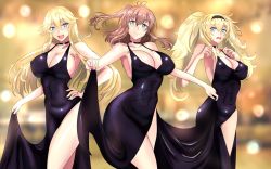 Rule 34 | 3girls, absurdres, alternate costume, bare shoulders, blonde hair, blue eyes, blurry, blurry background, breasts, brown hair, cleavage, dress, evening gown, feet out of frame, gambier bay (kancolle), hairband, highres, iowa (kancolle), kantai collection, ken (shutenndouji1), large breasts, long hair, looking at viewer, multiple girls, open mouth, saratoga (kancolle), side slit, smile, star-shaped pupils, star (symbol), symbol-shaped pupils, twintails, yellow background