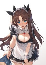 Rule 34 | 1girl, apron, black ribbon, blue eyes, blush, breasts, brown hair, character cutout, cleavage, fate/grand order, fate (series), hair ribbon, highres, jewelry, long hair, looking at viewer, maid, maid headdress, medium breasts, open mouth, pendant, piyo (pixiv 2308057), pulling, ribbon, simple background, solo, tohsaka rin, twintails, white background, wrist cuffs
