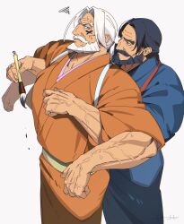 Rule 34 | 2boys, annoyed, bara, beard, black hair, blue eyes, blue kimono, calligraphy brush, cowboy shot, cross, cross facial mark, dark-skinned male, dark persona, dark skin, dual persona, facial hair, facial mark, forked eyebrows, grabbing, grabbing from behind, highres, holding calligraphy brush, holding paintbrush, japanese clothes, jp (street fighter), kimono, large pectorals, long hair, looking at another, looking back, male focus, mature male, multiple boys, muscular, muscular male, mustache, old, old man, orange kimono, pectorals, ponytail, sa1k0p, simple background, street fighter, street fighter 6, sweat, thick beard, thick eyebrows, thick mustache, veins, veiny arms, white background, white hair