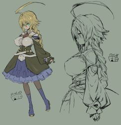 Rule 34 | 1girl, ahoge, aqua eyes, arms at sides, belt, black pantyhose, blazblue, blonde hair, blue eyes, blue footwear, blue skirt, boots, braid, breasts, center frills, corset, covered erect nipples, dated, dress, empty eyes, es (xblaze), fbc, flipped hair, frills, from side, full body, huge ahoge, knee boots, large breasts, layered skirt, long hair, long sleeves, looking at viewer, multiple views, necktie, pantyhose, partially colored, profile, red necktie, shirt, sidelocks, signature, single braid, skirt, sleeves past wrists, standing, underbust, upper body, very long hair, white shirt, xblaze, xblaze code: embryo