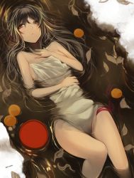 Rule 34 | 1girl, bare shoulders, black hair, brown eyes, dated, food, fruit, hand on own chest, leaf, long hair, lying on water, mandarin orange, open mouth, original, rayvon, ripples, snow, solo, towel, water
