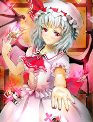 Rule 34 | 1girl, bad id, bad pixiv id, blush, cross, female focus, hat, light purple hair, nail polish, red eyes, red nails, remilia scarlet, sai-go, short hair, smile, solo, spell card, tarot, the tower (tarot), touhou, wheel of fortune (tarot), wings