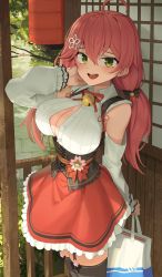 Rule 34 | 1girl, :d, absurdres, ahoge, bag, bell, blush, breasts, bush, cherry hair ornament, cleavage, corset, detached sleeves, food-themed hair ornament, frills, furrowed brow, garter straps, goback, green eyes, hair ornament, hair ribbon, hairclip, hand up, highres, holding, holding bag, hololive, jingle bell, large breasts, long hair, looking at viewer, low twintails, neck bell, neck ribbon, open mouth, outdoors, red hair, red ribbon, red skirt, ribbon, sakura miko, sakura miko (casual), skirt, smile, solo, teeth, thighhighs, twintails, unbuttoned, upper teeth only, virtual youtuber, zettai ryouiki