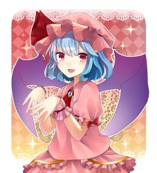 Rule 34 | 1girl, bat wings, blue hair, bracelet, dress, fang, fangs, jewelry, looking at viewer, open mouth, puffy short sleeves, puffy sleeves, red eyes, remilia scarlet, sakizaki saki-p, short hair, short sleeves, smile, touhou, white dress, wings