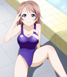 Rule 34 | 10s, 1girl, alllie, blue eyes, blue one-piece swimsuit, breasts, brown hair, cleavage, competition school swimsuit, competition swimsuit, covered collarbone, from above, looking up, love live!, love live! sunshine!!, one-piece swimsuit, pool, salute, school swimsuit, school uniform, shadow, short hair, sitting, smile, solo, spread legs, swept bangs, swimsuit, thighs, watanabe you, water