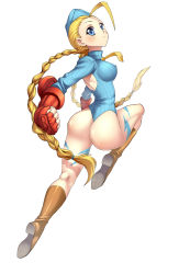 Rule 34 | 1990s (style), 1girl, absurdres, ass, back, back cutout, blonde hair, blue eyes, blue leotard, boots, braid, breasts, cammy white, capcom, clothing cutout, covered erect nipples, from behind, garrison cap, gloves, hat, highres, large breasts, legs, leotard, long hair, ribbed leotard, scar, solo, street fighter, street fighter zero (series), thong, thong leotard, twin braids, very long hair, zeshgolden