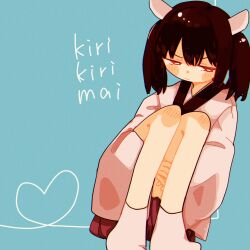 Rule 34 | 1girl, bad id, bad pixiv id, blade, blue background, blush stickers, brown hair, commentary request, full body, glaring, half-closed eyes, headgear, heart, highres, hugging own legs, japanese clothes, kimono, kure (mainititanosii6), leaning to the side, long sleeves, looking at viewer, medium hair, pink kimono, pleated skirt, red eyes, red skirt, romaji text, short kimono, simple background, sitting, skirt, socks, solo, touhoku kiritan, twintails, voiceroid, wavy mouth, white socks, wide sleeves