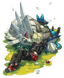 Rule 34 | 1boy, ahoge, black pants, blonde hair, closed eyes, closed mouth, commentary request, creatures (company), ear piercing, game freak, gen 4 pokemon, gen 7 pokemon, gladion (pokemon), grass, highres, hood, hood down, hoodie, legendary pokemon, long sleeves, lucario, lying, nintendo, on back, pants, piercing, poke ball, poke ball (basic), pokemon, pokemon (creature), pokemon sm, pouch, red footwear, sa-dui, shoes, shoulder spikes, signature, silvally, sleeping, spikes