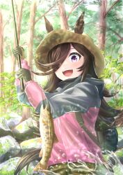 Rule 34 | 1girl, :d, absurdres, animal, animal ears, backpack, bag, brown hair, commentary request, ears through headwear, fish, fishing rod, fusou (fuso0205), gloves, hair over one eye, hat, highres, holding, holding fishing rod, hood, hood down, horse ears, horse girl, horse tail, jacket, long hair, looking at animal, open mouth, outdoors, pants, purple eyes, rice shower (umamusume), rock, salmon, smile, solo, splashing, tail, tree, umamusume, water