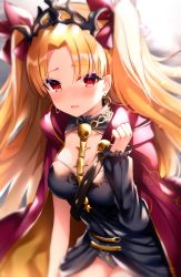 Rule 34 | 1girl, absurdres, between breasts, black leotard, blonde hair, blush, breasts, cape, cleavage, detached collar, earrings, ereshkigal (fate), fate/grand order, fate (series), hair ribbon, highres, jewelry, leotard, long hair, looking at viewer, medium breasts, necklace, open mouth, parted bangs, red cape, red eyes, red ribbon, ribbon, shouu-kun, single sleeve, skull, solo, spine, tiara, two side up