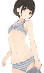 Rule 34 | 1girl, arms at sides, bikini, bikini under clothes, black hair, blue bikini, blunt bangs, breasts, brown eyes, clenched hand, closed mouth, collarbone, cowboy shot, expressionless, from side, groin, halterneck, head tilt, highres, hiroki (yyqw7151), light blush, looking at viewer, multicolored bikini, multicolored clothes, narrow waist, navel, original, short hair, sideways glance, simple background, small breasts, solo, stomach, striped bikini, striped clothes, swimsuit, undressing, white background, white bikini