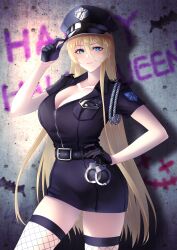 Rule 34 | 1girl, alternate costume, azur lane, bismarck (azur lane), black gloves, black hat, blonde hair, blue eyes, blush, breast pocket, breasts, cleavage, closed mouth, collarbone, commentary request, cowboy shot, cuffs, english text, fishnet thighhighs, fishnets, gloves, hair between eyes, hand on own hip, hand up, handcuffs, hat, highres, large breasts, long hair, necomilk, pocket, police, police uniform, policewoman, short sleeves, solo, thighhighs, thighs, uniform