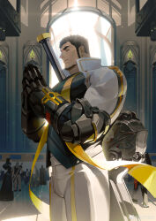 Rule 34 | 1boy, absurdres, bara, beard, black hair, bulge, church, closed eyes, closed mouth, cropped jacket, crowd, dungeon and fighter, facial hair, from side, gauntlets, highres, huge weapon, large pectorals, male focus, male priest (dungeon and fighter), mature male, muscular, muscular male, my eight, nun, own hands together, pants, pectorals, praying, short hair, solo, standing, sunlight, sword, sword behind back, thick eyebrows, thick thighs, thighs, traditional nun, weapon, window