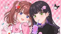 Rule 34 | 2girls, black hair, blue eyes, brown hair, can, drinking straw, ear piercing, food-themed hair ornament, green eyes, hair ornament, highres, holding, holding can, lee roha, long hair, looking at viewer, mugimugigo, multiple girls, nail polish, nijisanji, nijisanji kr, open mouth, piercing, purple nails, skull hair ornament, strawberry hair ornament, sudama chitose, twintails, twitter username, upper body, virtual youtuber
