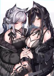 Rule 34 | 2girls, :3, animal ears, bare shoulders, belt, black coat, black dress, black hair, black legwear, black ribbon, blush, braid, breasts, brown hair, cat ears, cleavage, closed mouth, coat, collarbone, commentary request, criss-cross halter, dress, garter straps, halterneck, highres, holding hands, interlocked fingers, large breasts, long hair, long sleeves, lumium, multicolored hair, multiple girls, neck ribbon, o-ring, off shoulder, open belt, open clothes, open coat, original, pink eyes, puffy long sleeves, puffy sleeves, red hair, ribbon, silver hair, simple background, sitting, smile, streaked hair, thighhighs, two-tone hair, unzipped, white background, yellow eyes
