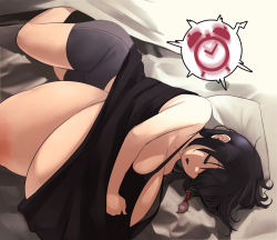 Rule 34 | 1girl, alarm clock, bare shoulders, bed, bed sheet, black hair, black tank top, braid, breasts, clock, drooling, gigantic breasts, highres, indoors, large areolae, lying, mole, mole under eye, narita (naze), naze, no bra, on bed, on side, one breast out, open mouth, original, out-of-frame censoring, parted lips, pillow, saliva, saliva trail, short hair, shorts, sleeping, solo, tank top