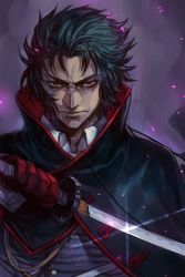 Rule 34 | 1boy, black hair, cape, closed mouth, fate/grand order, fate (series), furrowed brow, glint, gloves, hijikata toshizou (fate), holding, holding sword, holding weapon, hungry clicker, katana, looking at viewer, male focus, manly, purple background, red eyes, red gloves, sanpaku, solo, sword, upper body, weapon