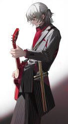 Rule 34 | 1boy, antonio salieri (fate), antonio salieri (second ascension) (fate), ascot, fate/grand order, fate (series), formal, grey hair, guitar, holding, holding guitar, holding instrument, instrument, itefu, jacket, long sleeves, male focus, medallion, music, pants, pinstripe pants, pinstripe pattern, pinstripe suit, playing instrument, red ascot, red eyes, short hair, simple background, solo, striped, striped suit, suit, white hair