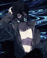 Rule 34 | 1boy, alternate costume, anoko (darenokoanoko), back hair, black background, black jacket, blue background, boku no hero academia, burn scar, collarbone, dabi (boku no hero academia), gas mask, grey eyes, hand in own hair, highres, jacket, knee up, long sleeves, looking at viewer, male focus, mask, multicolored background, navel, open clothes, open jacket, scar, short hair, sitting, solo, spiked hair, stitches