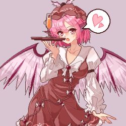 Rule 34 | 1girl, animal ears, bird ears, bird wings, blush, breasts, brown background, brown dress, brown hat, cowboy shot, dress, eaglov, earrings, fingernails, frilled sleeves, frills, hat, heart, highres, holding, holding tray, jewelry, long fingernails, long sleeves, looking at viewer, medium breasts, mystia lorelei, nail polish, open mouth, pink eyes, pink hair, pink nails, pixel art, sharp fingernails, shirt, short hair, simple background, single earring, sleeve garter, solo, spoken heart, touhou, tray, white shirt, white wings, winged hat, wings