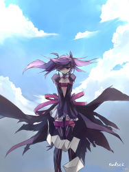 Rule 34 | 1girl, aisha landar, artist name, bad id, bad pixiv id, bandeau, boots, cloud, day, dress, elsword, expressionless, hair over one eye, highres, letter, purple dress, purple eyes, purple footwear, purple hair, purple skirt, purple thighhighs, short hair, skirt, sky, solo, swd3e2, thigh boots, thighhighs, twintails, v arms, void princess (elsword)